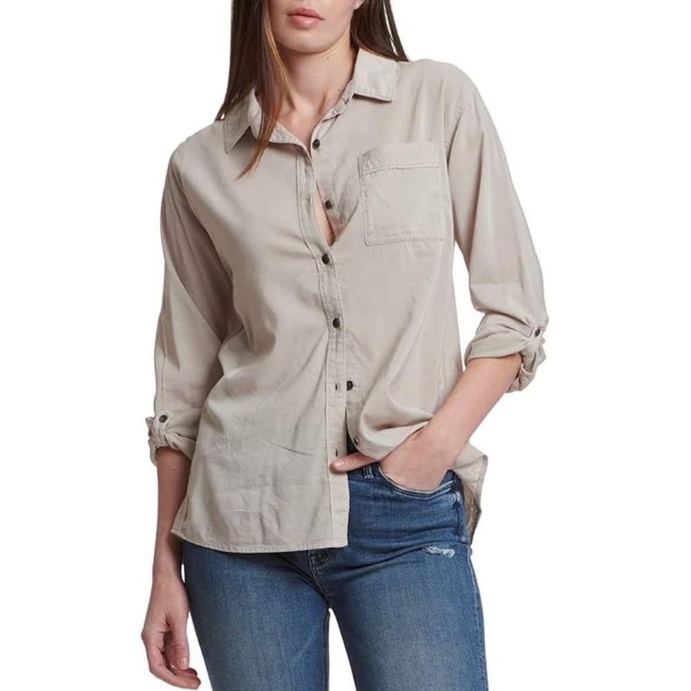 Splendid Womens Taupe Button Down Shirt S Roll Tab Sleeve Mixed Media